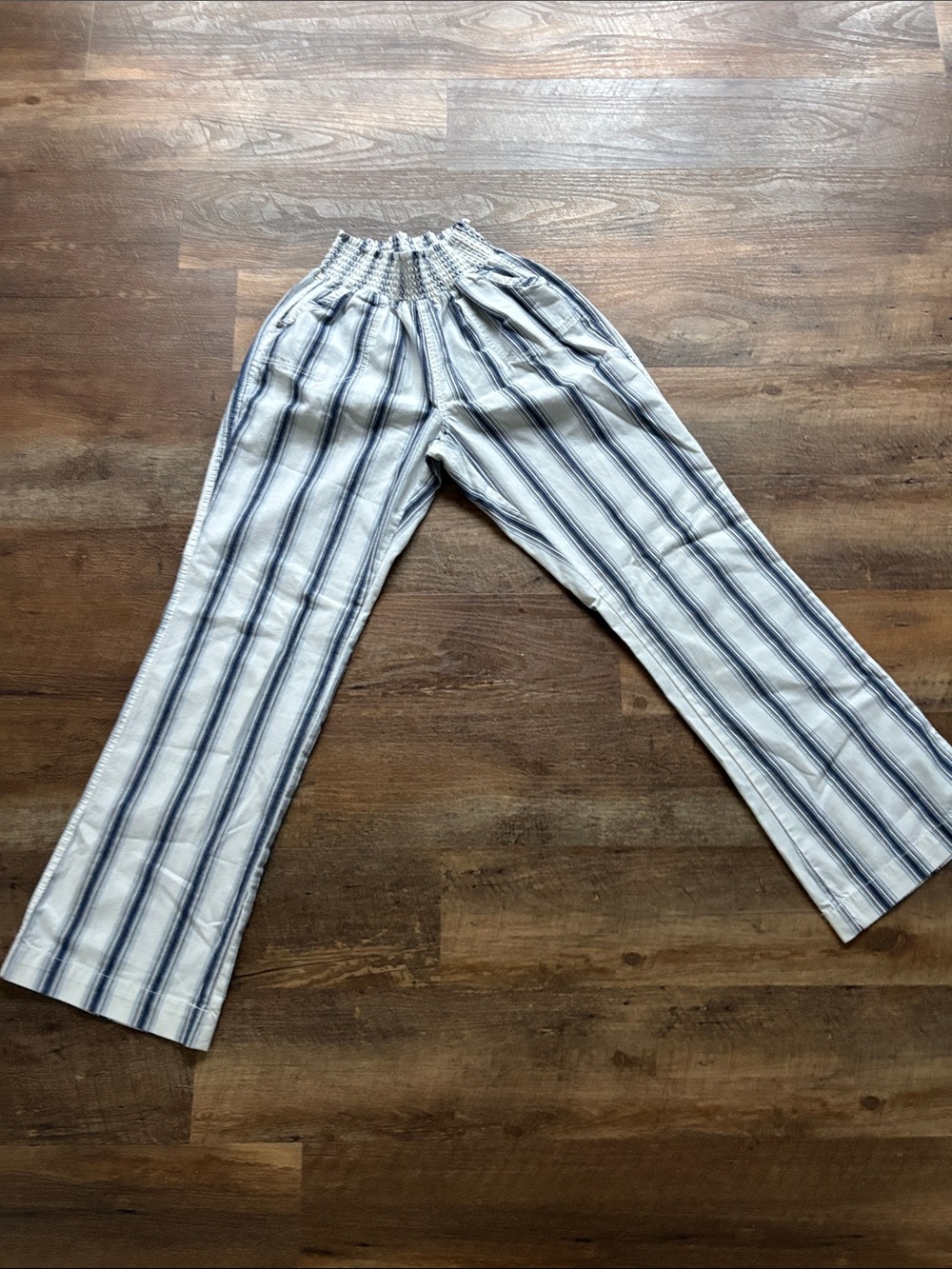 Blue and White Stripe Elastic-Waist Pants